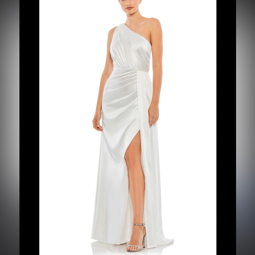 Mac Duggal Ieena Gathered One-Shoulder Satin Faux Wrap Gown